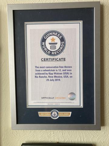 Certificate of Guinness World Record for 12 in row foul shots from wheelchair